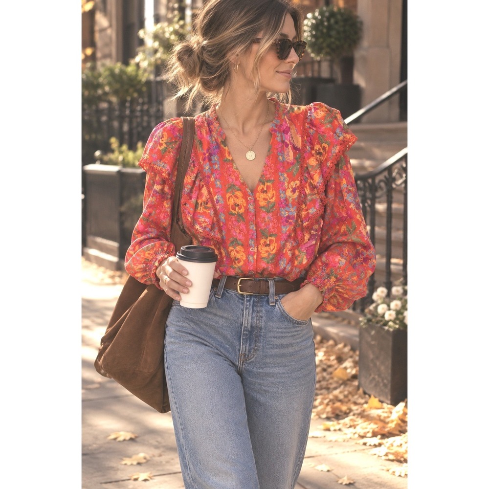 Farm Rio red fall floral ruffle blouse cotton openwork sustainable cotton LG euc